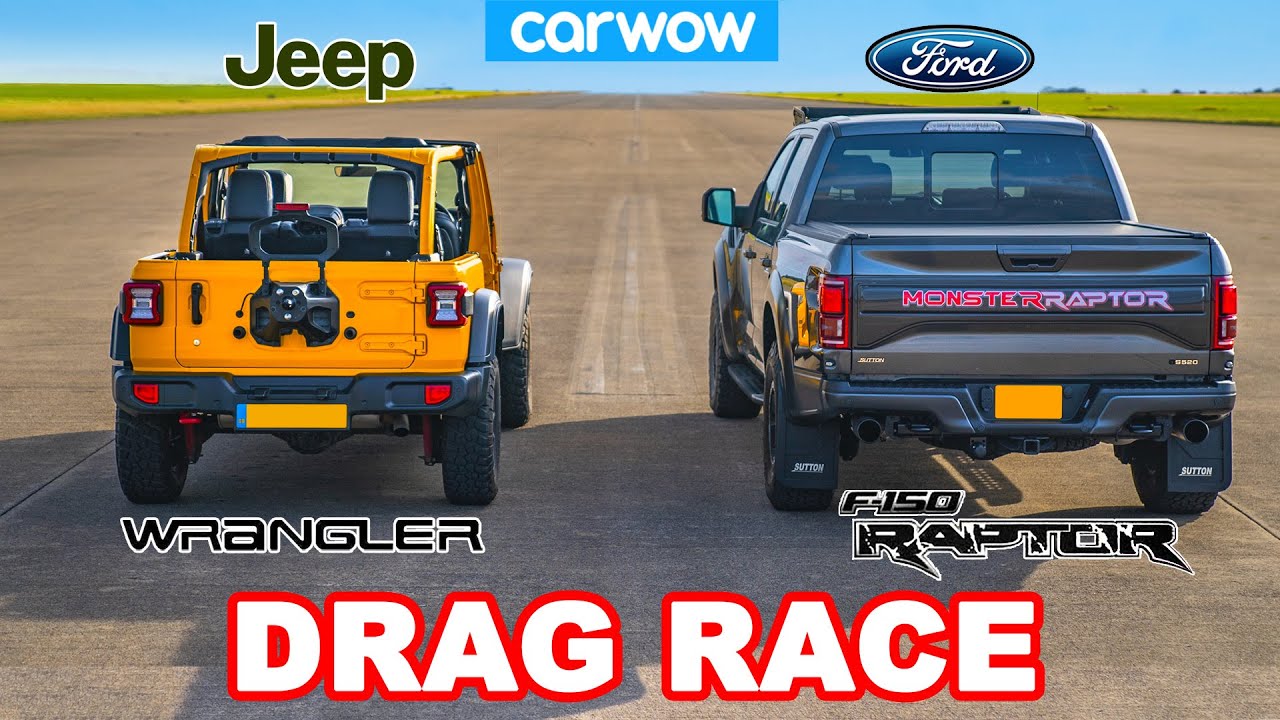Modded Ford F-150 Raptor Drag Races Stripped-Down Jeep Wrangler