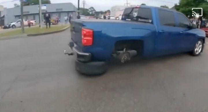 Chevy Silverado Driver Trys Drifting, But Immediately Crashes Into Curb